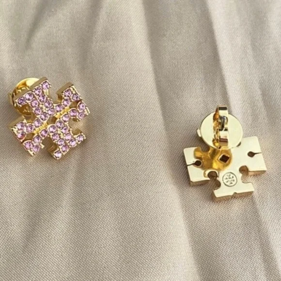 Tory Burch Gold Logo Pink Gemstone Stud Earrings - Picture 3 of 9